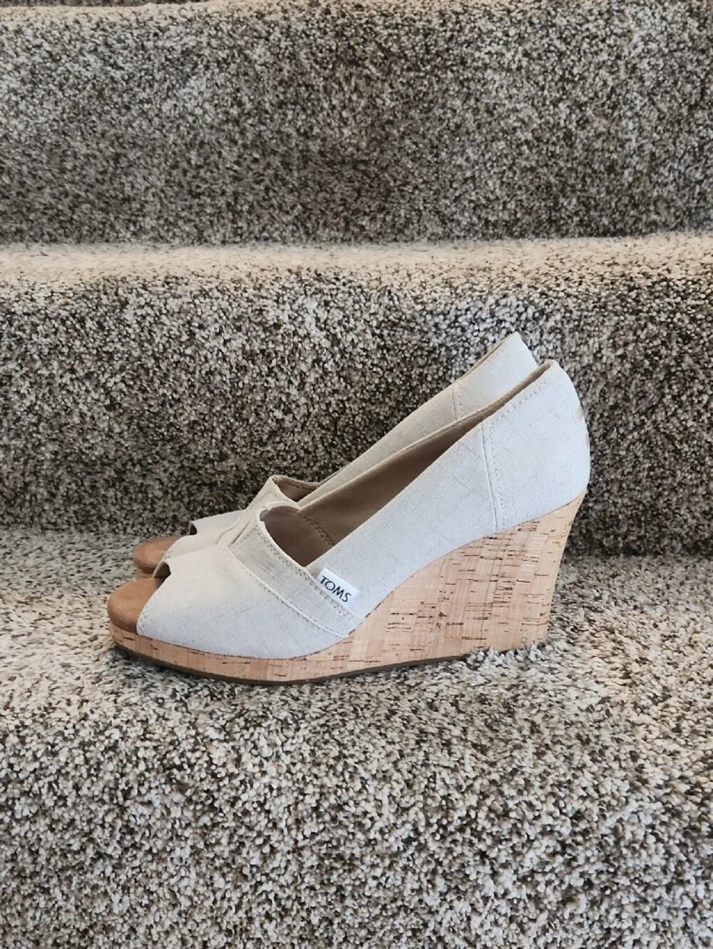 TOMS Canvas Cork Wedge Peep-Toe Heels Oyster Color